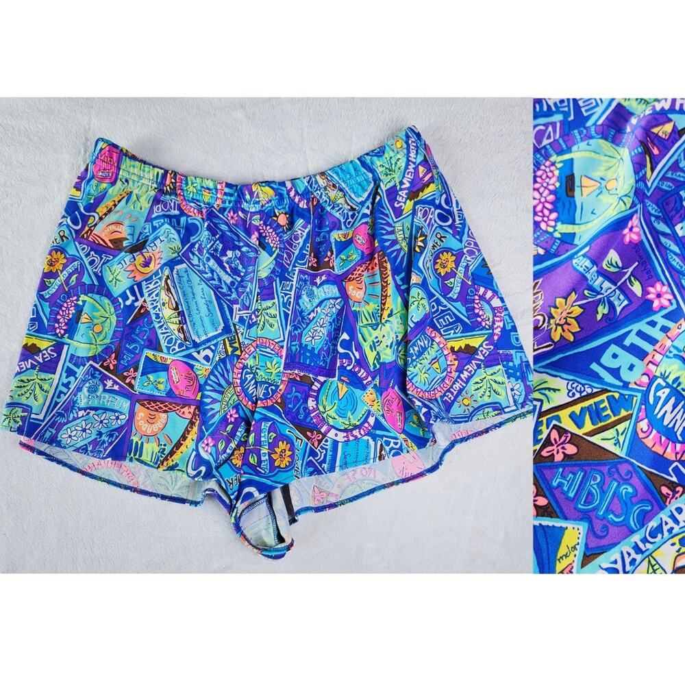 Vintage Lands End Travel Shorts Loose Fitting Blue Destination print Size XL